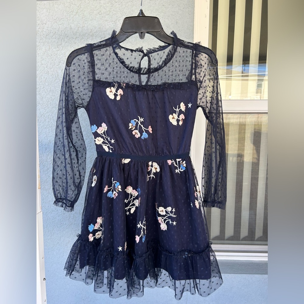 BCBG Girls Navy Blue Floral Embroidered Sheer Sleeves Dress Size 10
